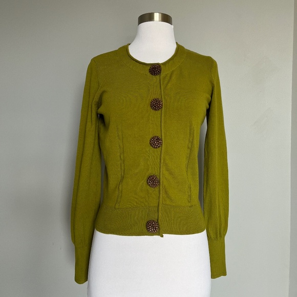 Milly Green Wooden Embellished Button Down Long Sleeve Cocktail Sweater Top Smal - Picture 2 of 11